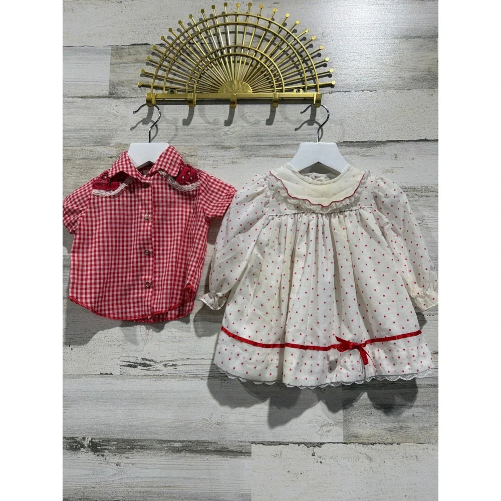 Vintage Bundle Peaches and Cream Western Shirt Dress Girls 12M Red White *Flawed